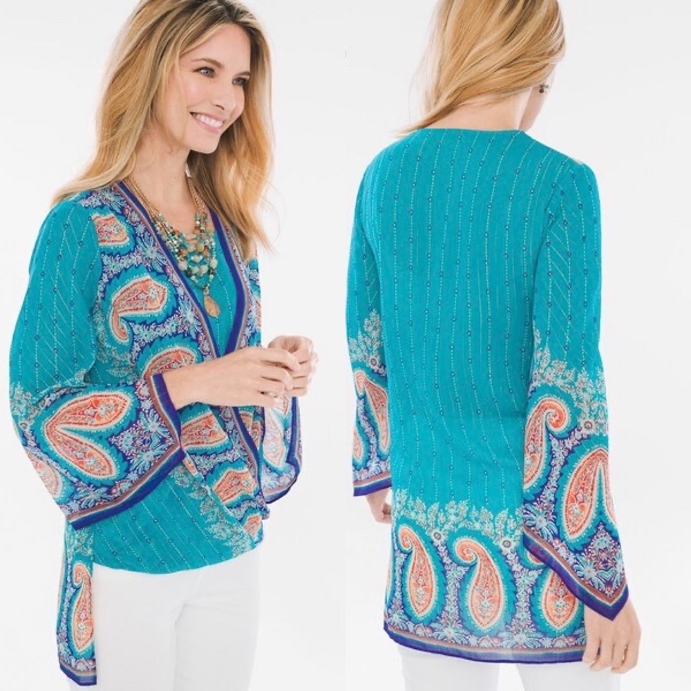 Chicos Tunic Blouse Paisley Surplice 0P Boho Resort Coastal Grandmother Artisan